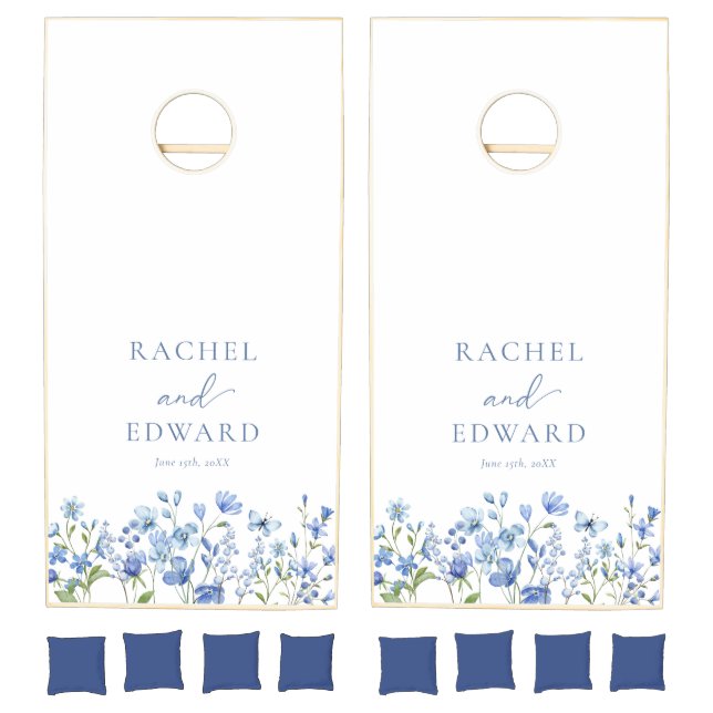 Elegant Dusty Blue Wildflower Wedding Cornhole Set (Set)