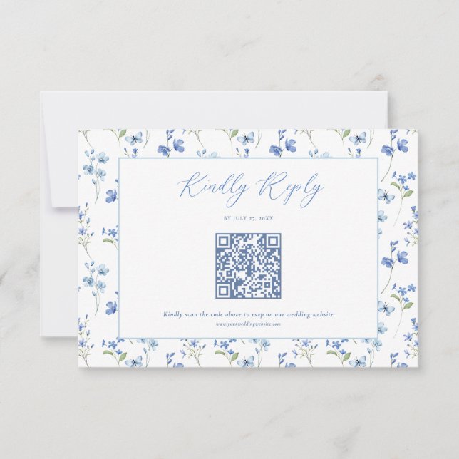 Elegant Dusty Blue Wildflower Wedding RSVP Card (Front)