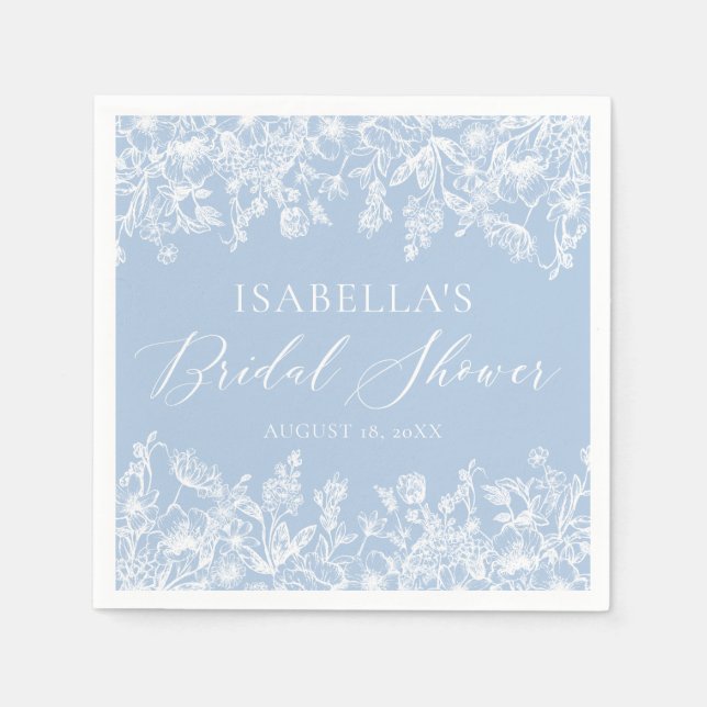 Elegant Dusty Blue Wildflowers Bridal Shower Napkins (Front)