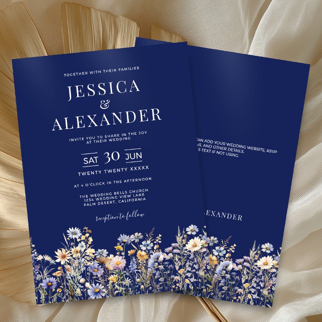 Elegant Dusty Blue Wildflowers Navy Wedding Invitation (Elegant Dusty Blue Wildflowers Navy Wedding Invitation with Optional Text on the Back.)