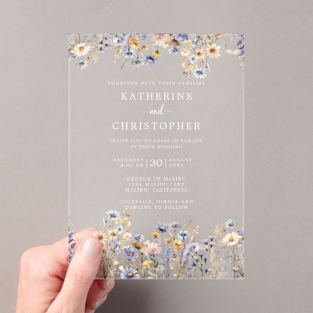 Elegant Dusty Blue Wildflowers Wedding Clear Acrylic Invitations (Insitu (Handheld))
