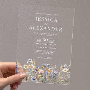 Elegant Dusty Blue Wildflowers Wedding Clear Acrylic Invitations