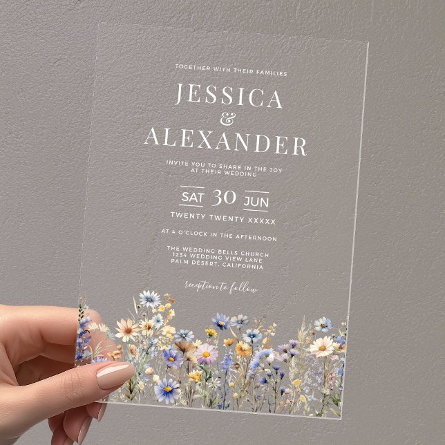 Elegant Dusty Blue Wildflowers Wedding Clear Acrylic Invitations (Elegant Dusty Blue Wildflowers Clear Acrylic Wedding Invitation with White Text.)