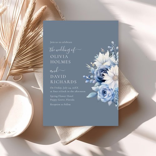 Elegant Dusty Blue Wildflowers Wedding Invitation