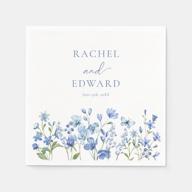 Elegant Dusty Blue Wildflowers Wedding Napkins (Front)