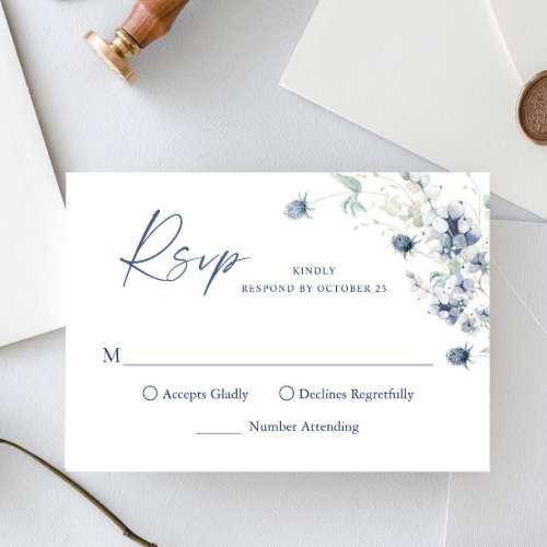 Elegant Dusty Blue Winter Boho Foliage Wedding RSVP Card