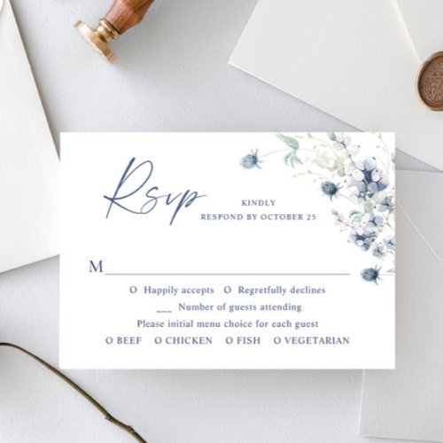 Elegant Dusty Blue Winter Boho Foliage Wedding RSVP Card