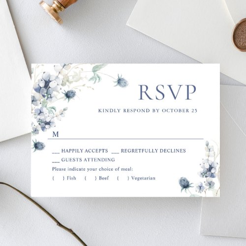 Elegant Dusty Blue Winter Boho Foliage Wedding RSVP Card