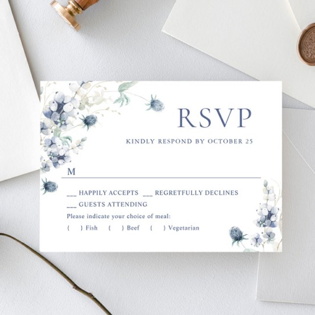 Elegant Dusty Blue Winter Boho Foliage Wedding RSVP Card (Creator Uploaded)
