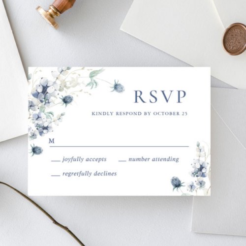 Elegant Dusty Blue Winter Boho Foliage Wedding RSVP Card