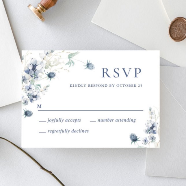 Elegant Dusty Blue Winter Boho Foliage Wedding RSVP Card (Creator Uploaded)