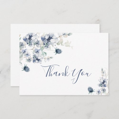 Elegant Dusty Blue Winter Foliage Boho Watercolor Thank You Card