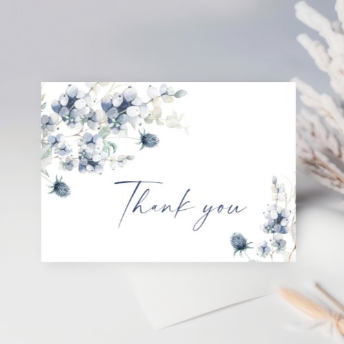 Elegant Dusty Blue Winter Foliage Boho Watercolor Thank You Card