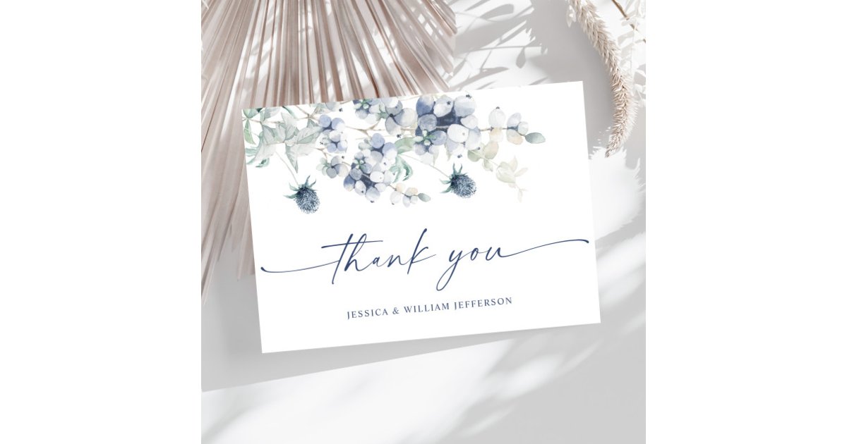 Elegant Dusty Blue Winter Foliage Boho Watercolor Thank You Card | Zazzle