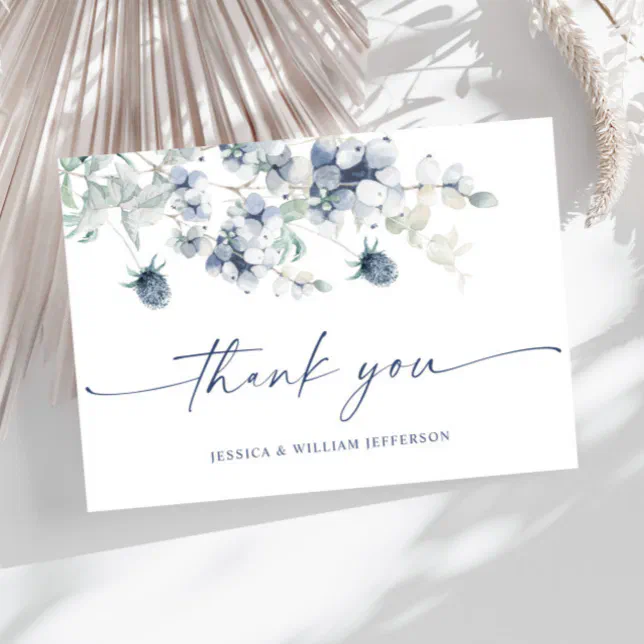 Elegant Dusty Blue Winter Foliage Boho Watercolor Thank You Card | Zazzle