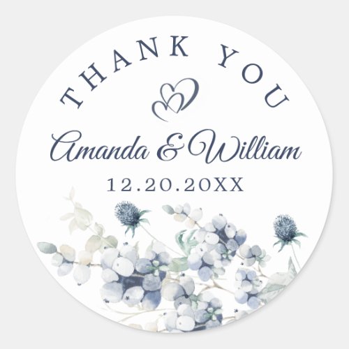 Elegant Dusty Blue Winter Foliage Boho Wedding Classic Round Sticker