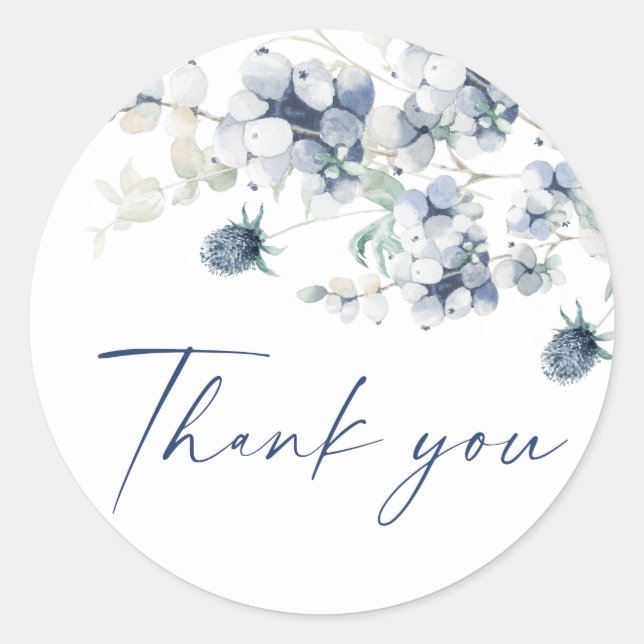Elegant Dusty Blue Winter Foliage Boho Wedding Classic Round Sticker (Front)