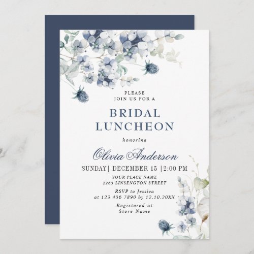 Elegant Dusty Blue Winter Foliage BRIDAL LUNCHEON Invitation