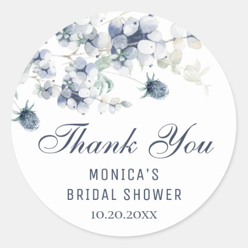 Elegant Dusty Blue Winter Foliage Bridal Shower Classic Round Sticker