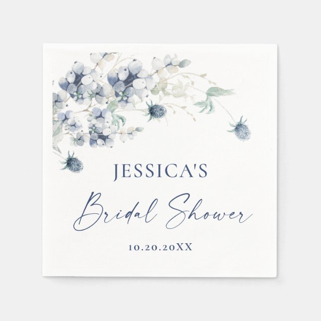 Elegant Dusty Blue Winter Foliage Bridal Shower Napkins (Front)