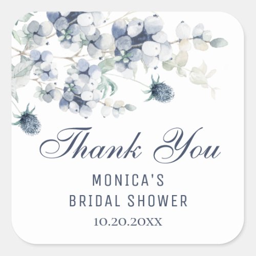 Elegant Dusty Blue Winter Foliage Bridal Shower Square Sticker