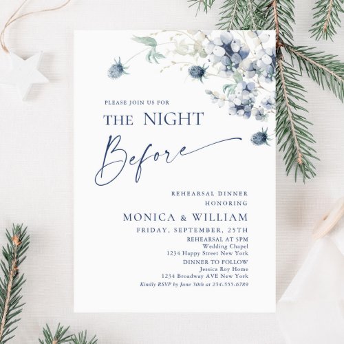 Elegant Dusty Blue Winter Foliage Rehearsal Dinner Invitation