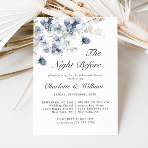 Elegant Dusty Blue Winter Foliage Rehearsal Dinner Invitation