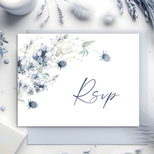 Elegant Dusty Blue Winter Foliage Watercolor RSVP Postcard