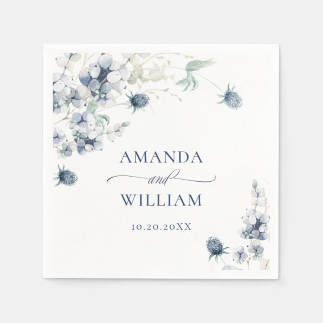 Elegant Dusty Blue Winter Foliage Wedding Napkins (Front)