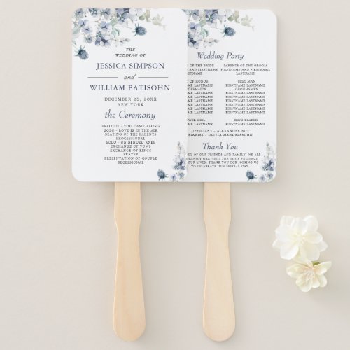 Elegant Dusty Blue Winter Foliage Wedding Program Hand Fan