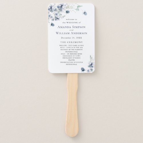 Elegant Dusty Blue Winter Foliage Wedding Program Hand Fan