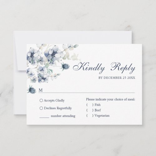 Elegant Dusty Blue Winter Foliage Wedding RSVP Card