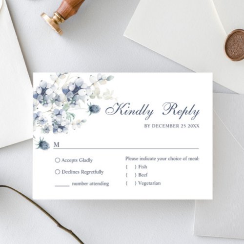 Elegant Dusty Blue Winter Foliage Wedding RSVP Card