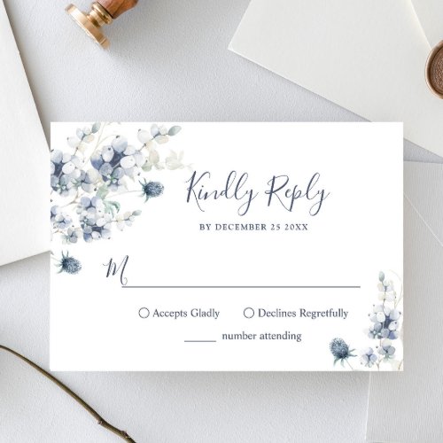 Elegant Dusty Blue Winter Foliage Wedding RSVP Card