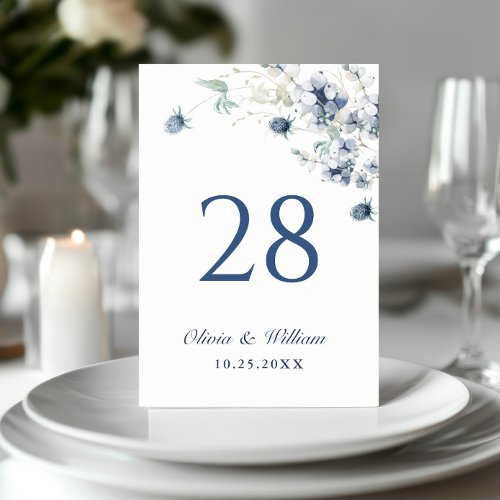 Elegant Dusty Blue Winter Foliage Wedding Table Number