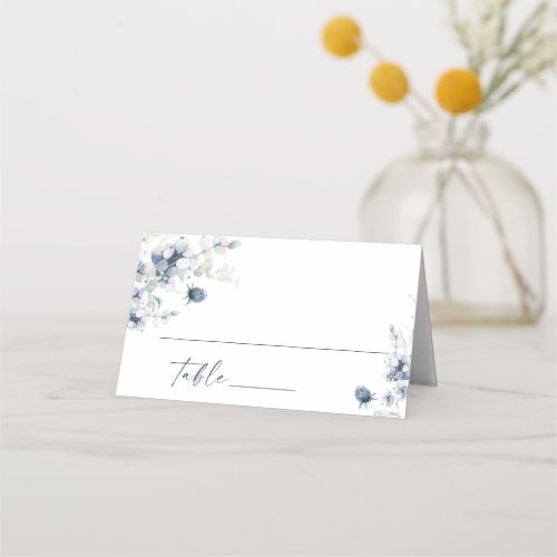 Elegant Dusty Blue Winter Foliage Wedding Table Place Card