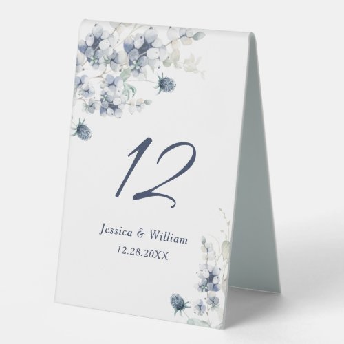 Elegant Dusty Blue Winter Foliage Wedding Table Tent Sign