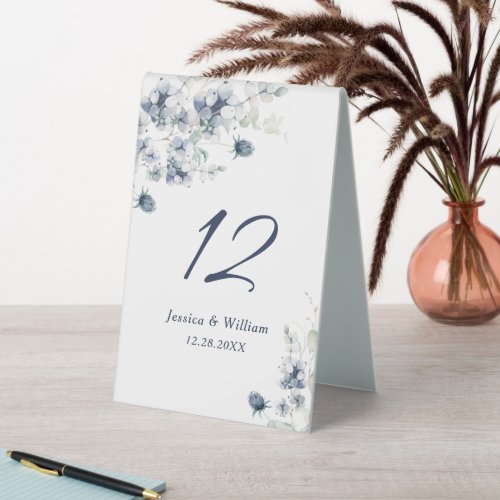 Elegant Dusty Blue Winter Foliage Wedding Table Tent Sign