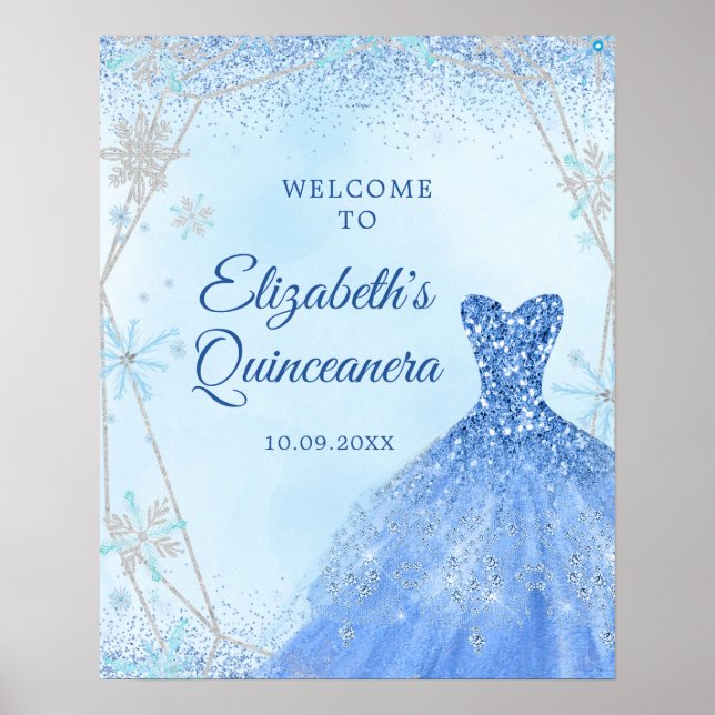 Elegant Dusty Blue Winter Quinceañera Welcome Sign (Front)