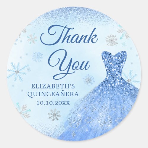 Elegant Dusty Blue Winter Snowflake Quinceaera Classic Round Sticker