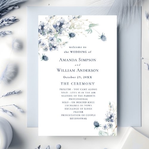 Elegant Dusty Blue Winter Wedding Ceremony Program