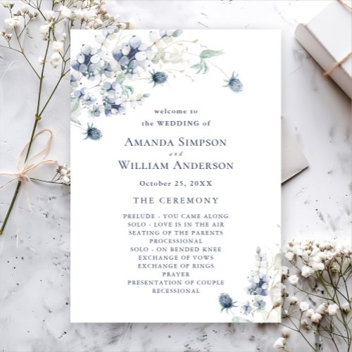 Elegant Dusty Blue Winter Wedding Ceremony Program