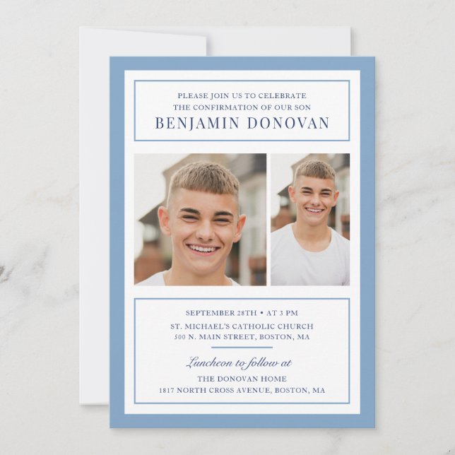 Elegant Dusty Blue with Photo Confirmation Invitation (Front)