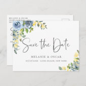 Elegant Dusty Blue Yellow Floral Save the Date Announcement Postcard (Front/Back)