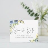 Elegant Dusty Blue Yellow Floral Save the Date Announcement Postcard (Standing Front)