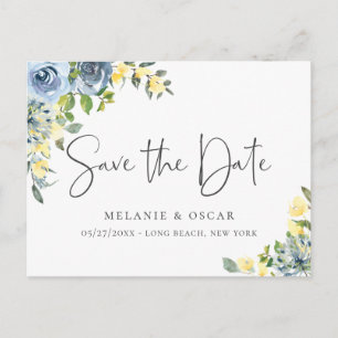 Elegant Dusty Blue Yellow Floral Save the Date Announcement Postcard