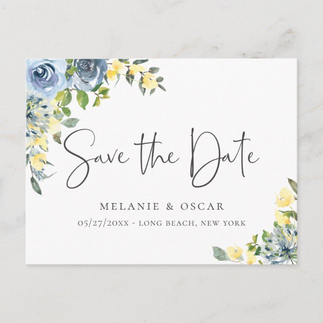 Elegant Dusty Blue Yellow Floral Save the Date Announcement Postcard (Front)
