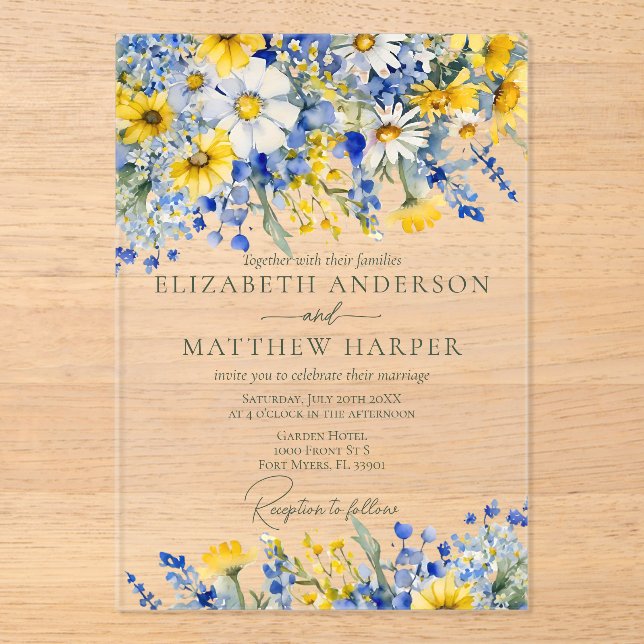 Elegant Dusty Blue Yellow Wildflowers Boho Wedding Acrylic Invitations (Front)