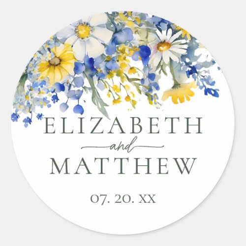 Elegant Dusty Blue Yellow Wildflowers Boho Wedding Classic Round Sticker