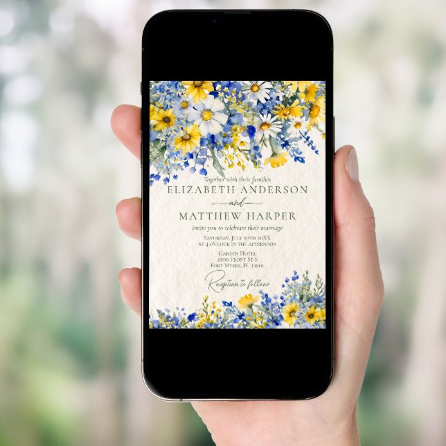 Elegant Dusty Blue Yellow Wildflowers Boho Wedding Invitation (Front Digital)